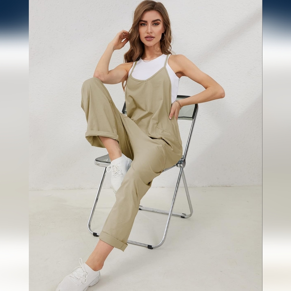 Casual Beige Cami Wide Leg Pockets Jumpsuit